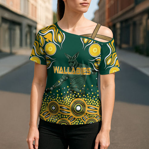 Australia Wallabies Cross Shoulder Shirt Aboriginal Rugby Kangaroo Mascot - Gold And Green