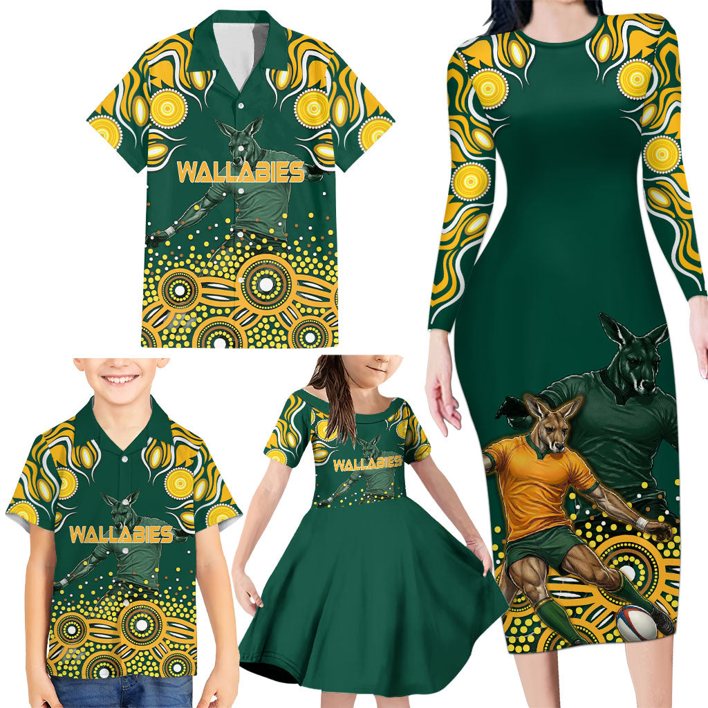 Australia Wallabies Family Matching Long Sleeve Bodycon Dress and Hawaiian Shirt Aboriginal Rugby Kangaroo Mascot - Gold And Green
