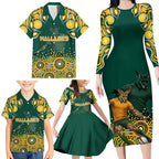 Australia Wallabies Family Matching Long Sleeve Bodycon Dress and Hawaiian Shirt Aboriginal Rugby Kangaroo Mascot - Gold And Green