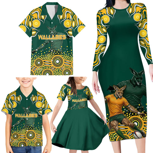 Australia Wallabies Family Matching Long Sleeve Bodycon Dress and Hawaiian Shirt Aboriginal Rugby Kangaroo Mascot - Gold And Green