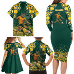 Australia Wallabies Family Matching Long Sleeve Bodycon Dress and Hawaiian Shirt Aboriginal Rugby Kangaroo Mascot - Gold And Green