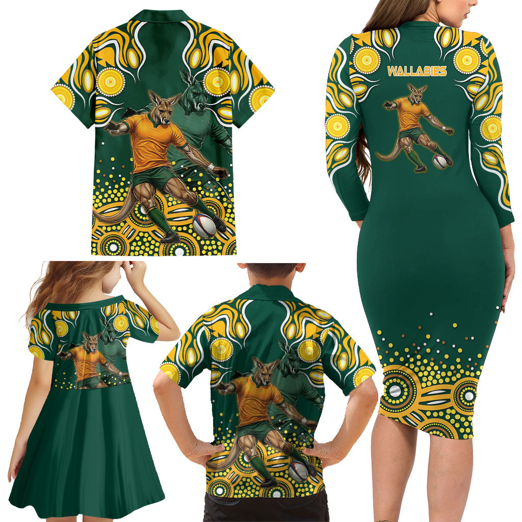 Australia Wallabies Family Matching Long Sleeve Bodycon Dress and Hawaiian Shirt Aboriginal Rugby Kangaroo Mascot - Gold And Green
