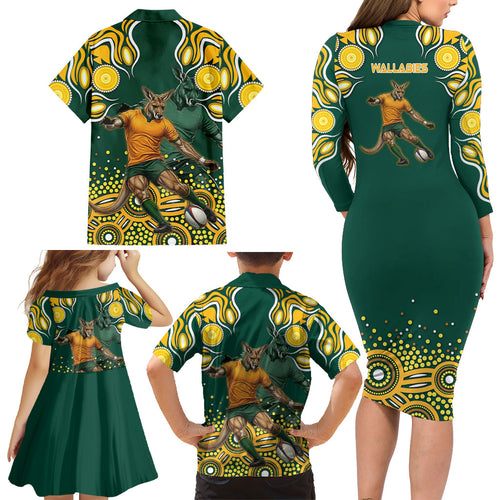 Australia Wallabies Family Matching Long Sleeve Bodycon Dress and Hawaiian Shirt Aboriginal Rugby Kangaroo Mascot - Gold And Green