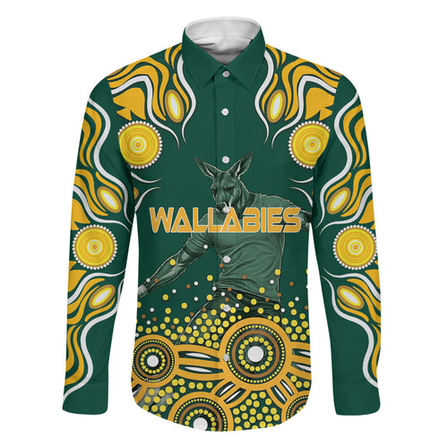 Australia Wallabies Family Matching Long Sleeve Bodycon Dress and Hawaiian Shirt Aboriginal Rugby Kangaroo Mascot - Gold And Green