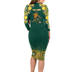 Australia Wallabies Family Matching Long Sleeve Bodycon Dress and Hawaiian Shirt Aboriginal Rugby Kangaroo Mascot - Gold And Green