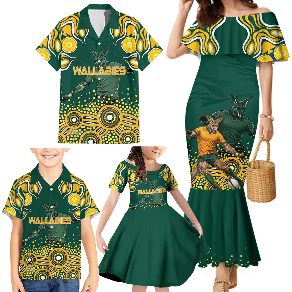 Australia Wallabies Family Matching Mermaid Dress and Hawaiian Shirt Aboriginal Rugby Kangaroo Mascot - Gold And Green