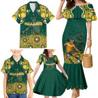 Australia Wallabies Family Matching Mermaid Dress and Hawaiian Shirt Aboriginal Rugby Kangaroo Mascot - Gold And Green