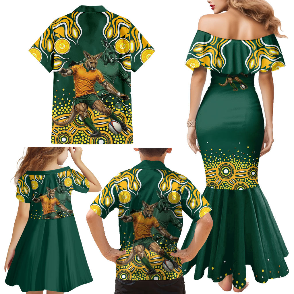 Australia Wallabies Family Matching Mermaid Dress and Hawaiian Shirt Aboriginal Rugby Kangaroo Mascot - Gold And Green