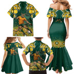 Australia Wallabies Family Matching Mermaid Dress and Hawaiian Shirt Aboriginal Rugby Kangaroo Mascot - Gold And Green