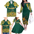 Australia Wallabies Family Matching Off The Shoulder Long Sleeve Dress and Hawaiian Shirt Aboriginal Rugby Kangaroo Mascot - Gold And Green