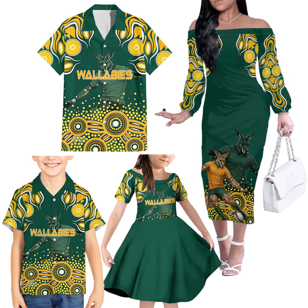Australia Wallabies Family Matching Off The Shoulder Long Sleeve Dress and Hawaiian Shirt Aboriginal Rugby Kangaroo Mascot - Gold And Green
