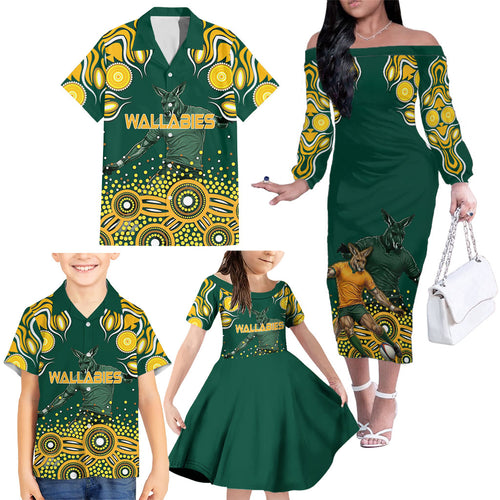 Australia Wallabies Family Matching Off The Shoulder Long Sleeve Dress and Hawaiian Shirt Aboriginal Rugby Kangaroo Mascot - Gold And Green