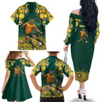 Australia Wallabies Family Matching Off The Shoulder Long Sleeve Dress and Hawaiian Shirt Aboriginal Rugby Kangaroo Mascot - Gold And Green