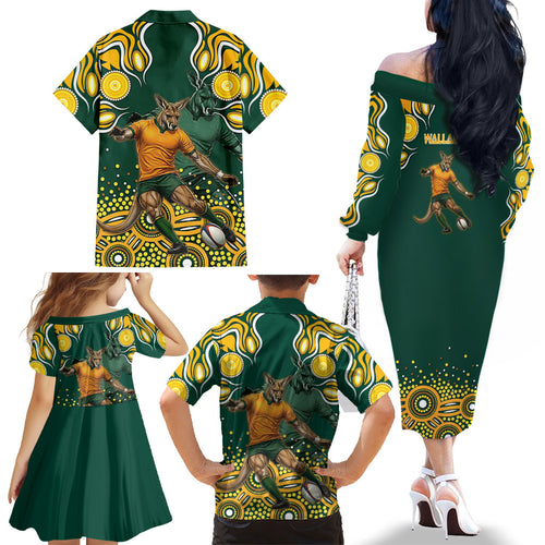 Australia Wallabies Family Matching Off The Shoulder Long Sleeve Dress and Hawaiian Shirt Aboriginal Rugby Kangaroo Mascot - Gold And Green