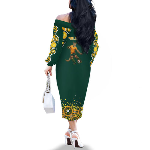 Australia Wallabies Family Matching Off The Shoulder Long Sleeve Dress and Hawaiian Shirt Aboriginal Rugby Kangaroo Mascot - Gold And Green