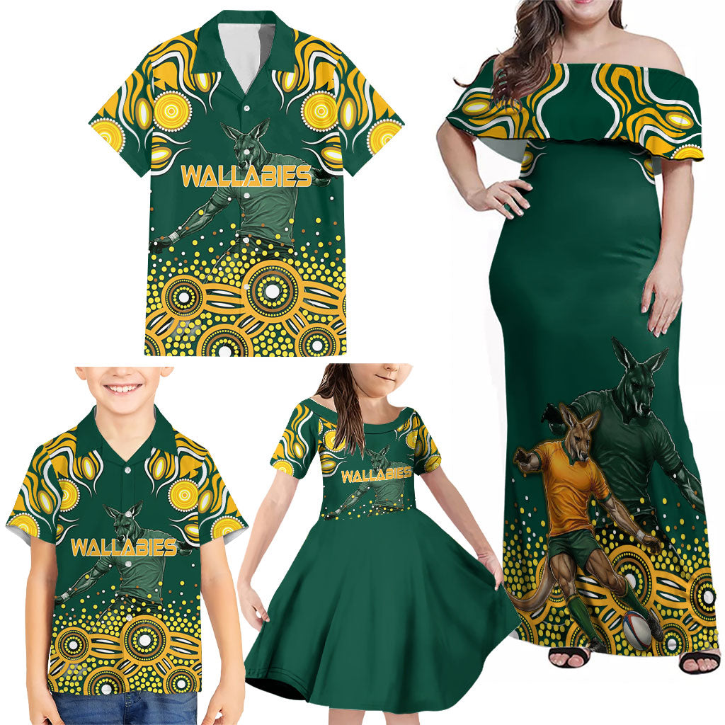 Australia Wallabies Family Matching Off Shoulder Maxi Dress and Hawaiian Shirt Aboriginal Rugby Kangaroo Mascot - Gold And Green