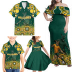 Australia Wallabies Family Matching Off Shoulder Maxi Dress and Hawaiian Shirt Aboriginal Rugby Kangaroo Mascot - Gold And Green