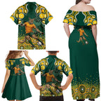 Australia Wallabies Family Matching Off Shoulder Maxi Dress and Hawaiian Shirt Aboriginal Rugby Kangaroo Mascot - Gold And Green