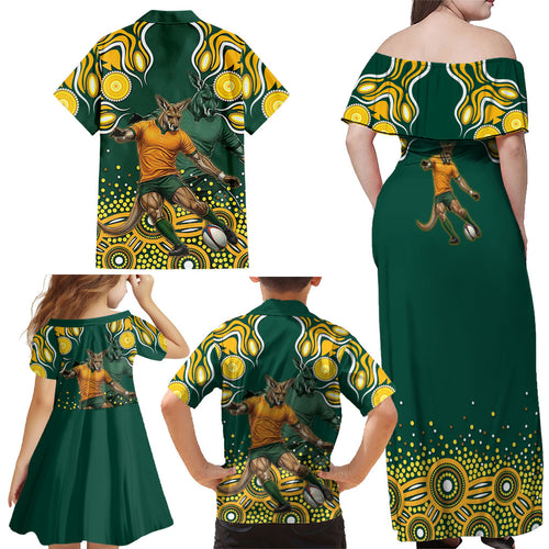 Australia Wallabies Family Matching Off Shoulder Maxi Dress and Hawaiian Shirt Aboriginal Rugby Kangaroo Mascot - Gold And Green