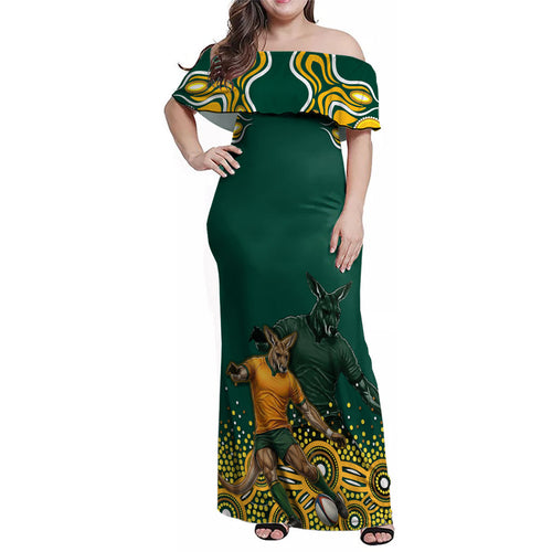 Australia Wallabies Family Matching Off Shoulder Maxi Dress and Hawaiian Shirt Aboriginal Rugby Kangaroo Mascot - Gold And Green