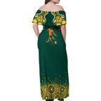 Australia Wallabies Family Matching Off Shoulder Maxi Dress and Hawaiian Shirt Aboriginal Rugby Kangaroo Mascot - Gold And Green
