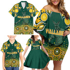 Australia Wallabies Family Matching Off Shoulder Short Dress and Hawaiian Shirt Aboriginal Rugby Kangaroo Mascot - Gold And Green