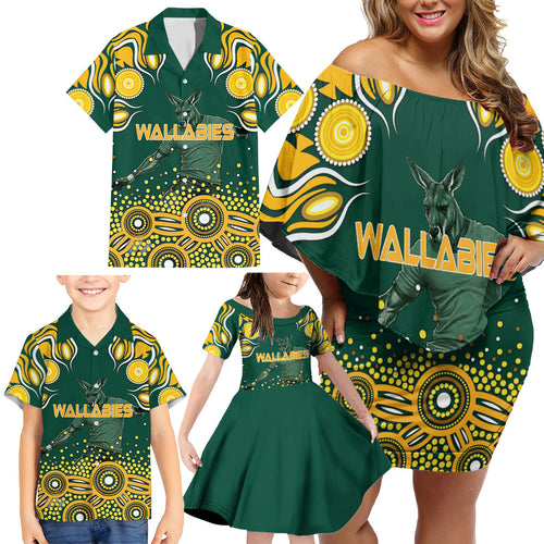 Australia Wallabies Family Matching Off Shoulder Short Dress and Hawaiian Shirt Aboriginal Rugby Kangaroo Mascot - Gold And Green