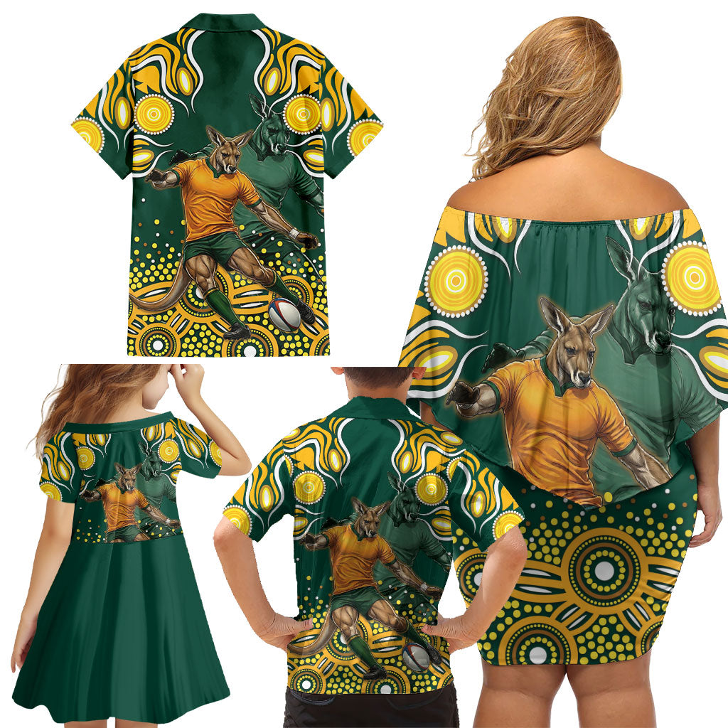 Australia Wallabies Family Matching Off Shoulder Short Dress and Hawaiian Shirt Aboriginal Rugby Kangaroo Mascot - Gold And Green