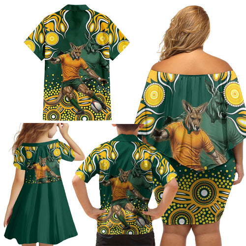 Australia Wallabies Family Matching Off Shoulder Short Dress and Hawaiian Shirt Aboriginal Rugby Kangaroo Mascot - Gold And Green
