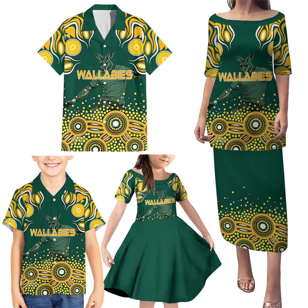 Australia Wallabies Family Matching Puletasi and Hawaiian Shirt Aboriginal Rugby Kangaroo Mascot - Gold And Green