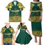 Australia Wallabies Family Matching Puletasi and Hawaiian Shirt Aboriginal Rugby Kangaroo Mascot - Gold And Green