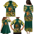 Australia Wallabies Family Matching Puletasi and Hawaiian Shirt Aboriginal Rugby Kangaroo Mascot - Gold And Green
