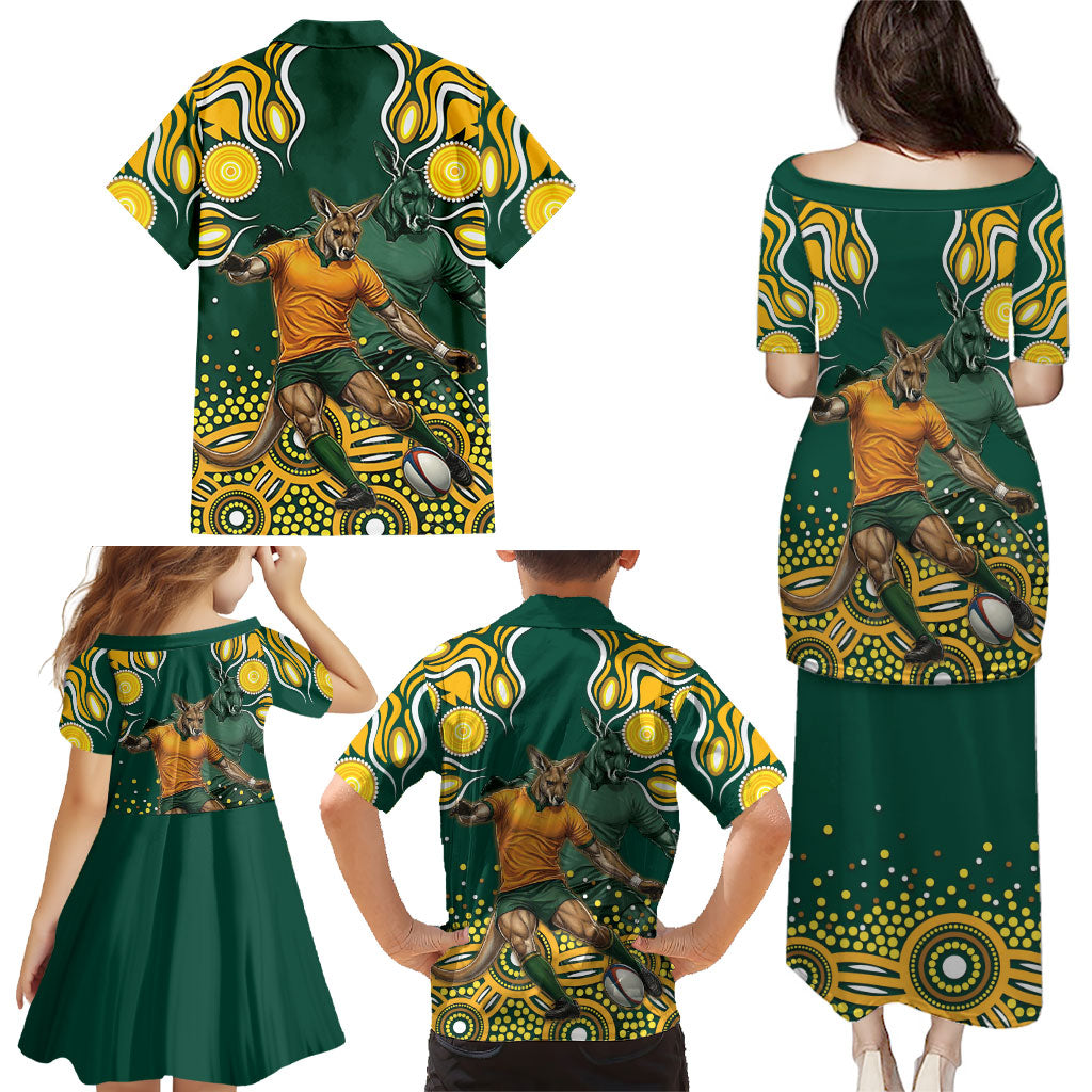 Australia Wallabies Family Matching Puletasi and Hawaiian Shirt Aboriginal Rugby Kangaroo Mascot - Gold And Green