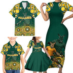 Australia Wallabies Family Matching Short Sleeve Bodycon Dress and Hawaiian Shirt Aboriginal Rugby Kangaroo Mascot - Gold And Green