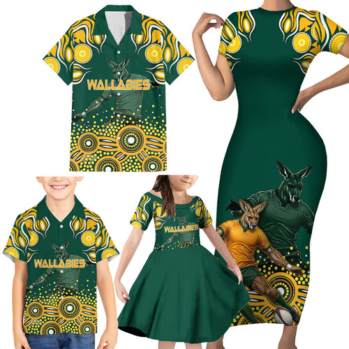 Australia Wallabies Family Matching Short Sleeve Bodycon Dress and Hawaiian Shirt Aboriginal Rugby Kangaroo Mascot - Gold And Green