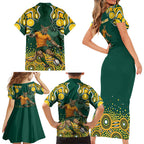 Australia Wallabies Family Matching Short Sleeve Bodycon Dress and Hawaiian Shirt Aboriginal Rugby Kangaroo Mascot - Gold And Green