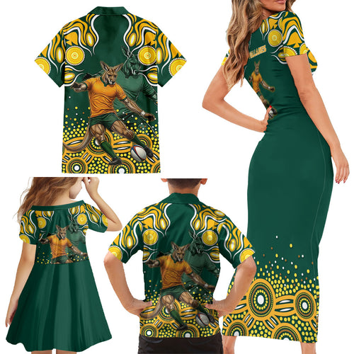 Australia Wallabies Family Matching Short Sleeve Bodycon Dress and Hawaiian Shirt Aboriginal Rugby Kangaroo Mascot - Gold And Green