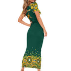 Australia Wallabies Family Matching Short Sleeve Bodycon Dress and Hawaiian Shirt Aboriginal Rugby Kangaroo Mascot - Gold And Green