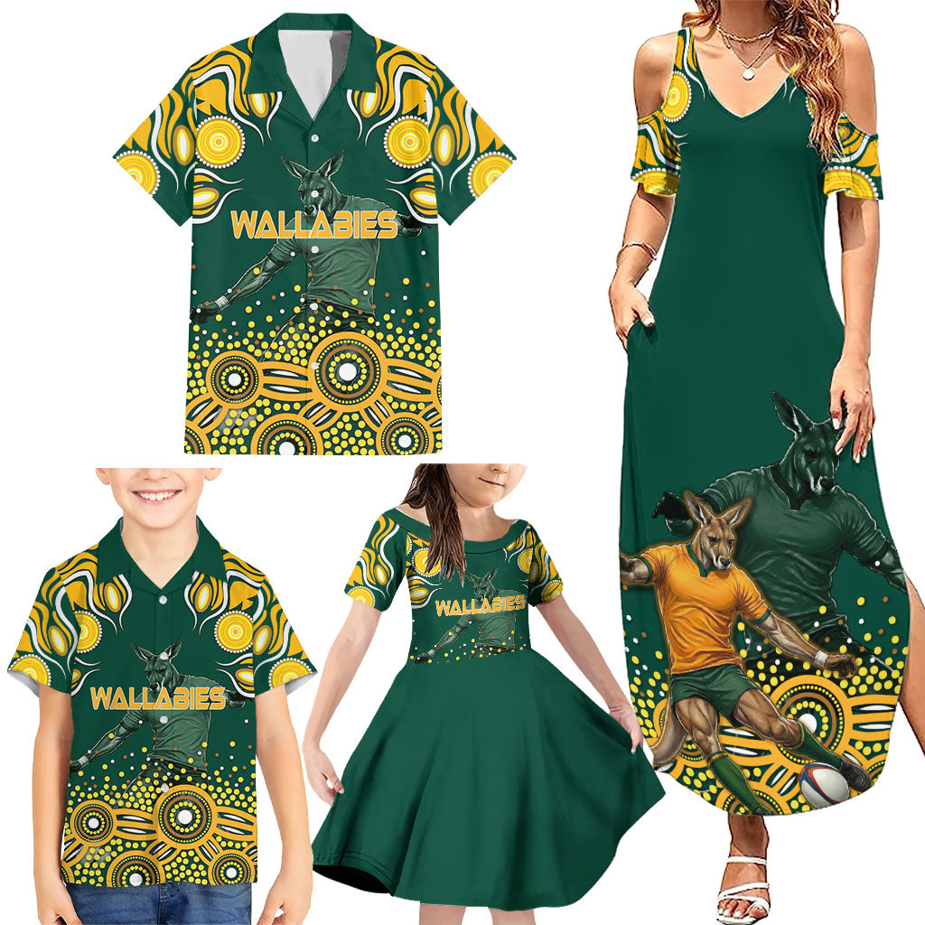 Australia Wallabies Family Matching Summer Maxi Dress and Hawaiian Shirt Aboriginal Rugby Kangaroo Mascot - Gold And Green