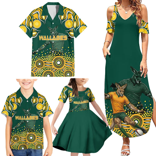 Australia Wallabies Family Matching Summer Maxi Dress and Hawaiian Shirt Aboriginal Rugby Kangaroo Mascot - Gold And Green