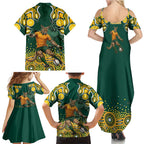 Australia Wallabies Family Matching Summer Maxi Dress and Hawaiian Shirt Aboriginal Rugby Kangaroo Mascot - Gold And Green