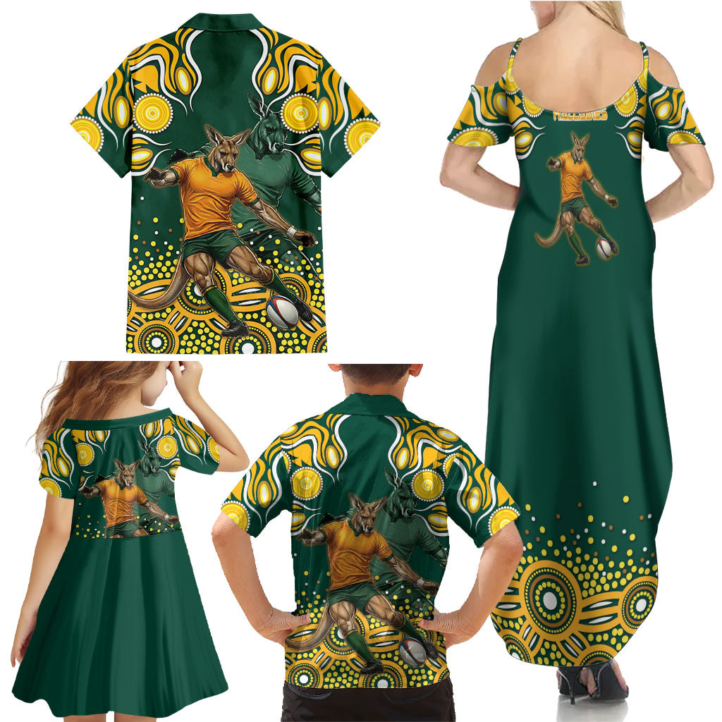 Australia Wallabies Family Matching Summer Maxi Dress and Hawaiian Shirt Aboriginal Rugby Kangaroo Mascot - Gold And Green