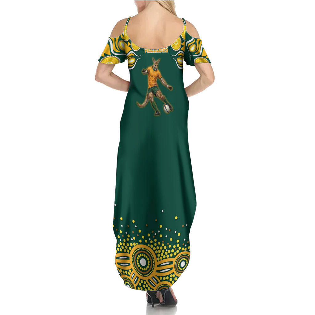 Australia Wallabies Family Matching Summer Maxi Dress and Hawaiian Shirt Aboriginal Rugby Kangaroo Mascot - Gold And Green