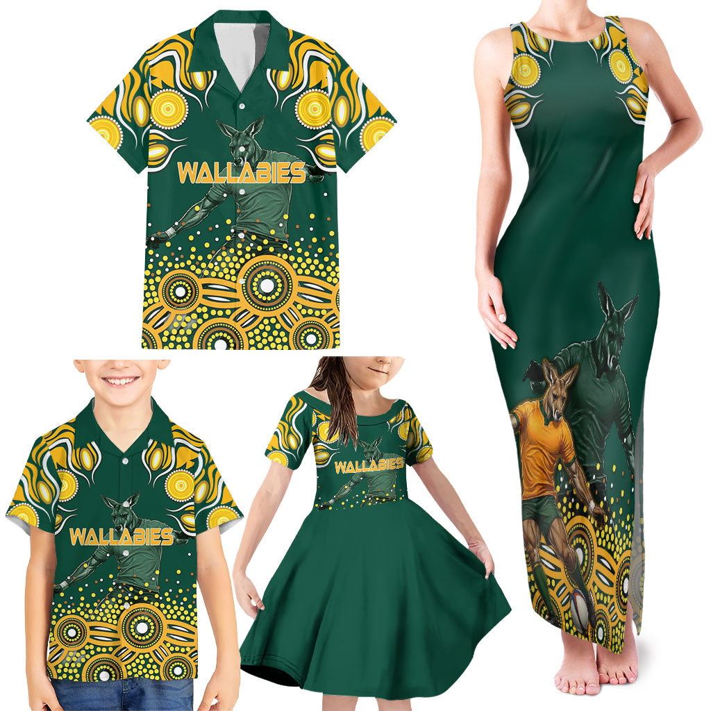 Australia Wallabies Family Matching Tank Maxi Dress and Hawaiian Shirt Aboriginal Rugby Kangaroo Mascot - Gold And Green