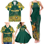 Australia Wallabies Family Matching Tank Maxi Dress and Hawaiian Shirt Aboriginal Rugby Kangaroo Mascot - Gold And Green