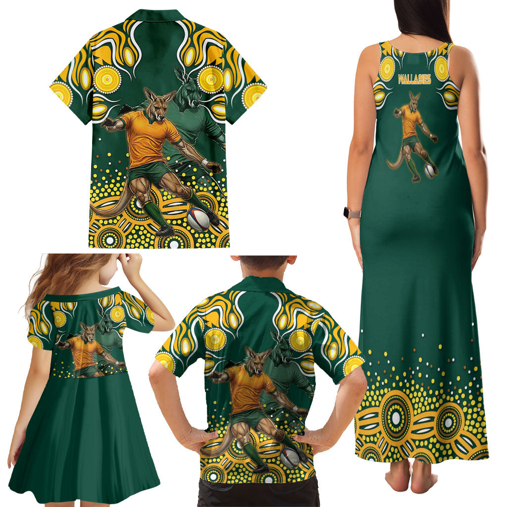 Australia Wallabies Family Matching Tank Maxi Dress and Hawaiian Shirt Aboriginal Rugby Kangaroo Mascot - Gold And Green