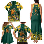 Australia Wallabies Family Matching Tank Maxi Dress and Hawaiian Shirt Aboriginal Rugby Kangaroo Mascot - Gold And Green