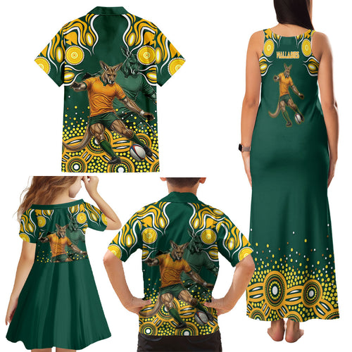 Australia Wallabies Family Matching Tank Maxi Dress and Hawaiian Shirt Aboriginal Rugby Kangaroo Mascot - Gold And Green