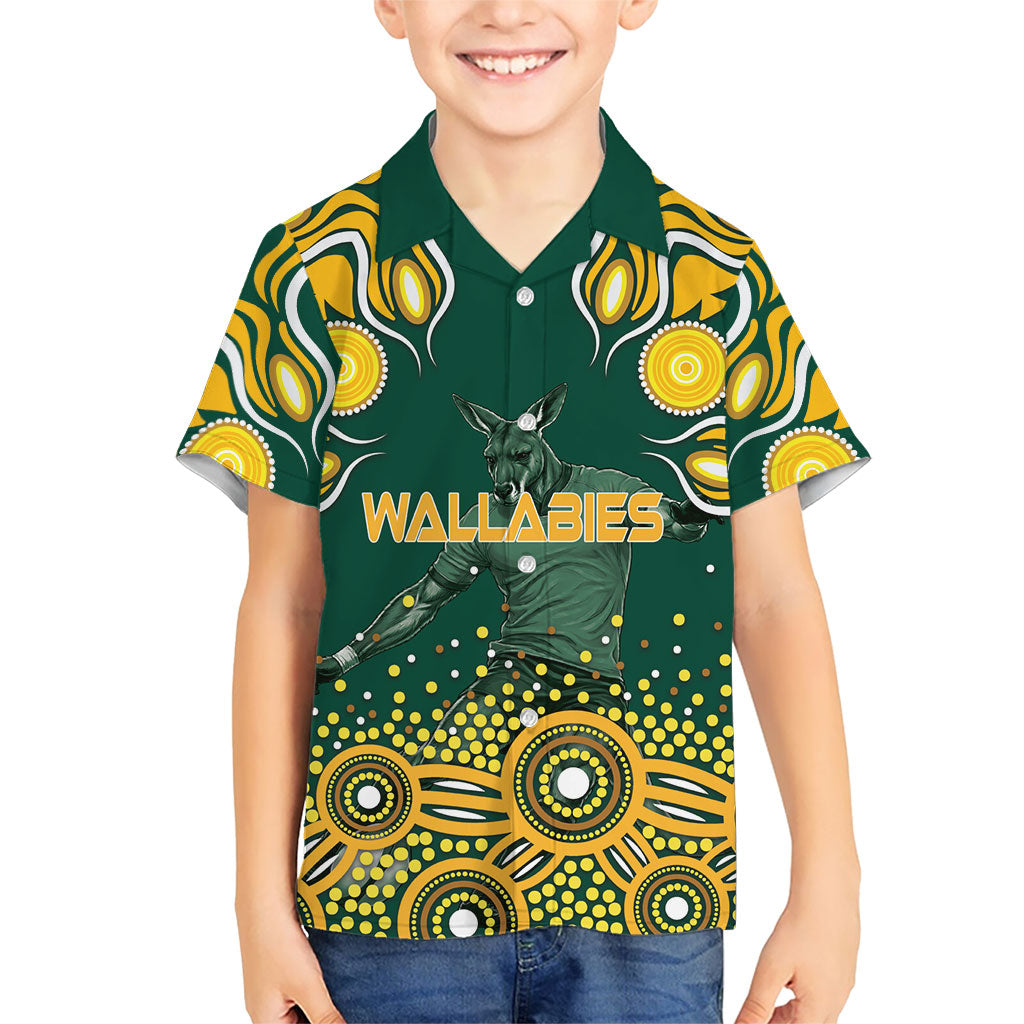 Australia Wallabies Kid Hawaiian Shirt Aboriginal Rugby Kangaroo Mascot - Gold And Green