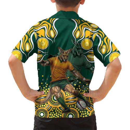Australia Wallabies Kid Hawaiian Shirt Aboriginal Rugby Kangaroo Mascot - Gold And Green